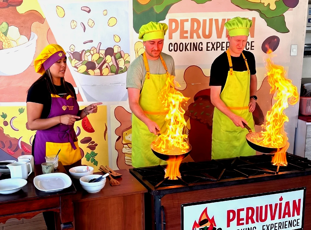 Travelers getting comfortable at their individual stations before the hands-on Peruvian culinary journey in Arequipa